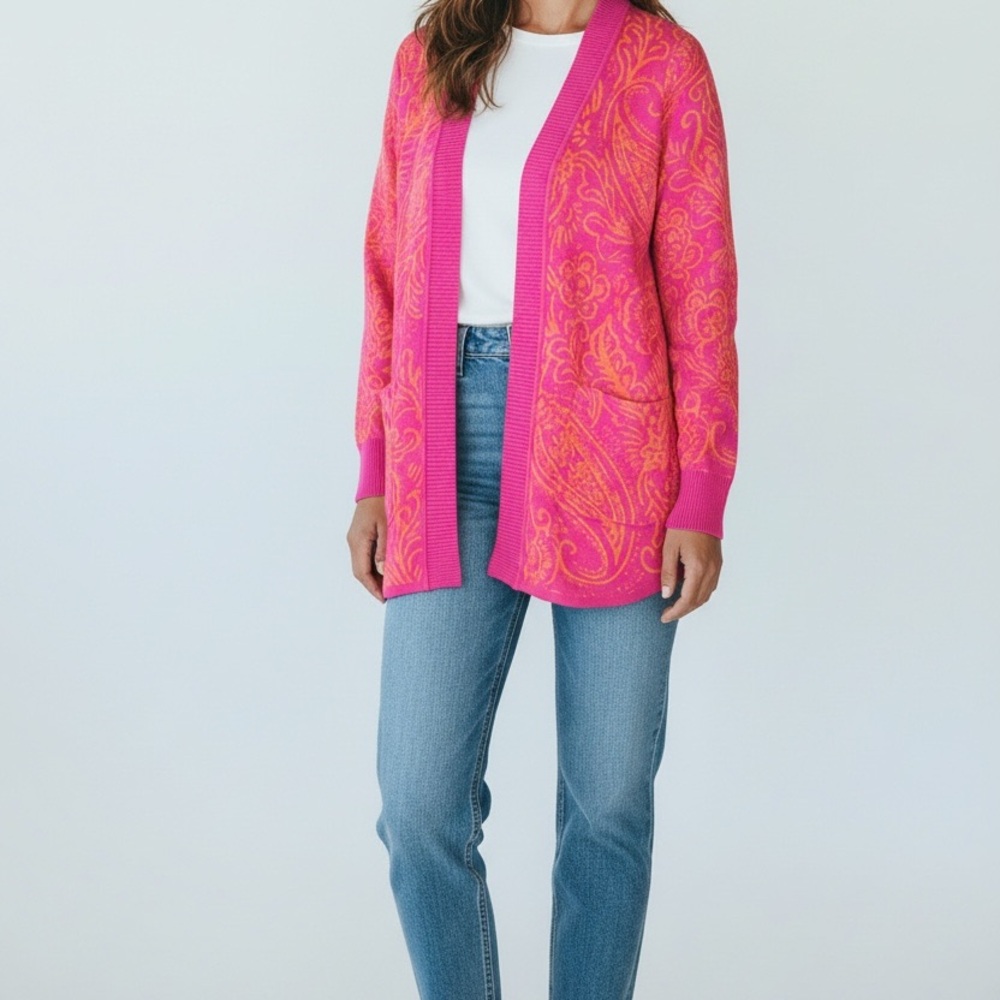 Isaac Mizrahi Live! V-Neck Engineered Paisley Printed Cardigan size Large